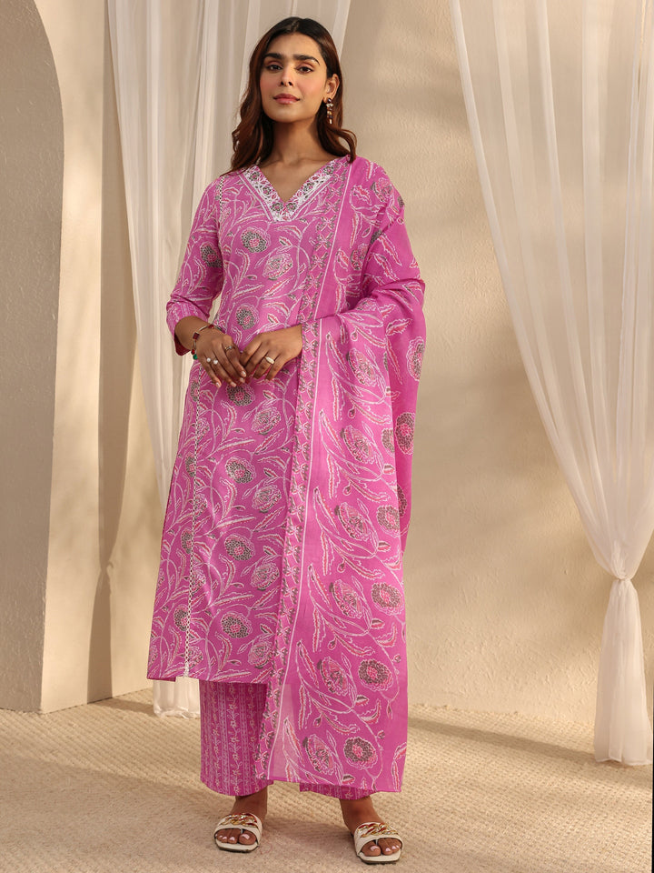 Pink Floral Printed Cotton A-Line Suit Set With Dupatta