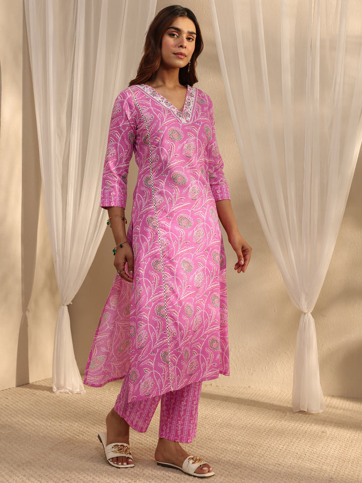 Pink Floral Printed Cotton A-Line Suit Set With Dupatta