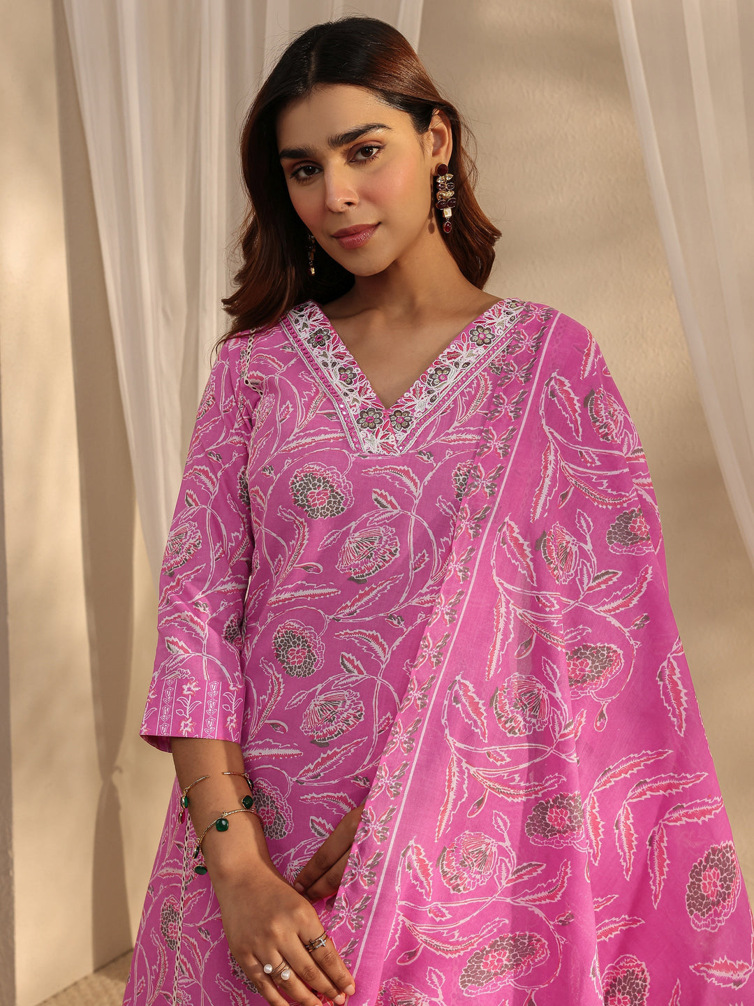 Pink Floral Printed Cotton A-Line Suit Set With Dupatta