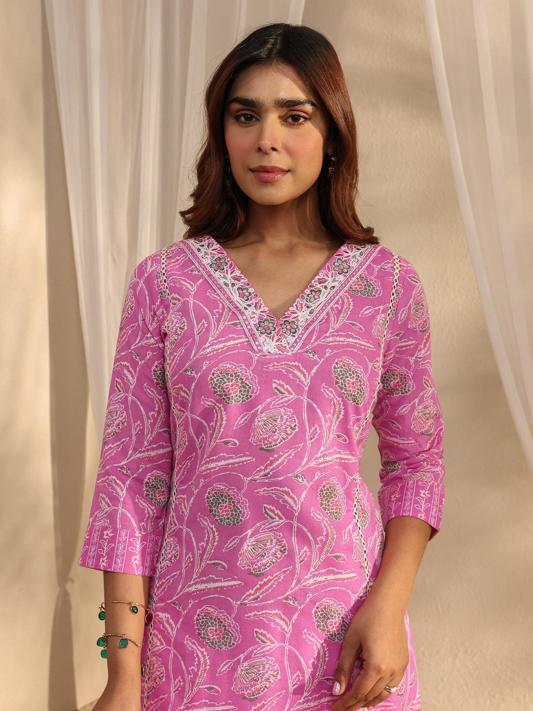 Pink Floral Printed Cotton A-Line Suit Set With Dupatta
