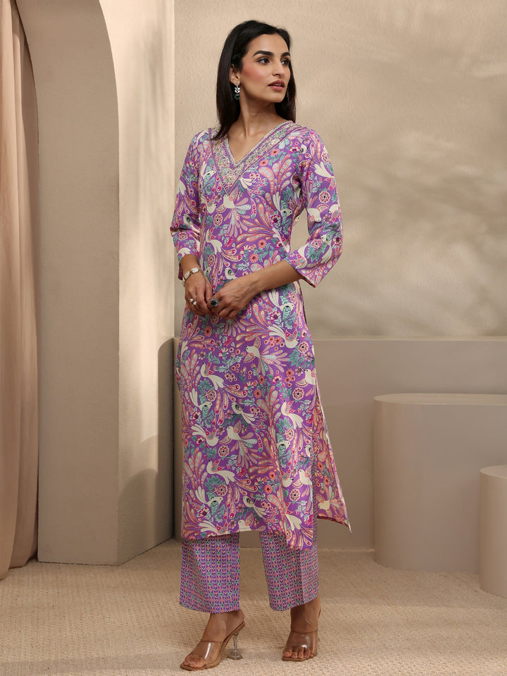 Purple Abstract Printed Cotton Straight Suit Set With Dupatta