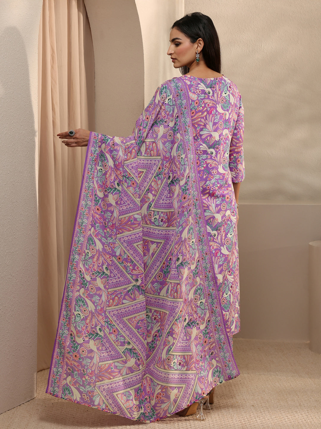 Purple Abstract Printed Cotton Straight Suit Set With Dupatta