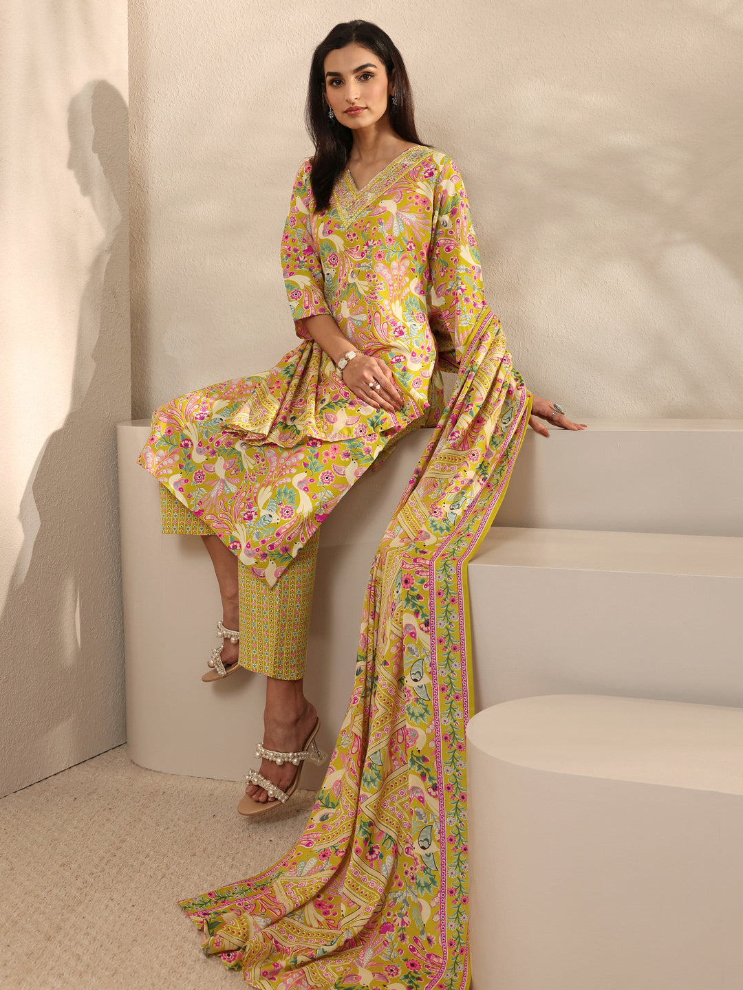 Yellow Abstract Printed Cotton Straight Suit Set With Dupatta