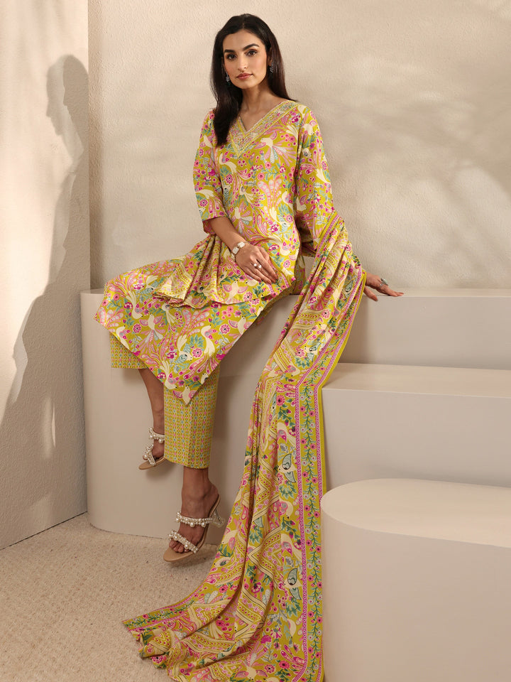 Yellow Abstract Printed Cotton Straight Suit Set With Dupatta