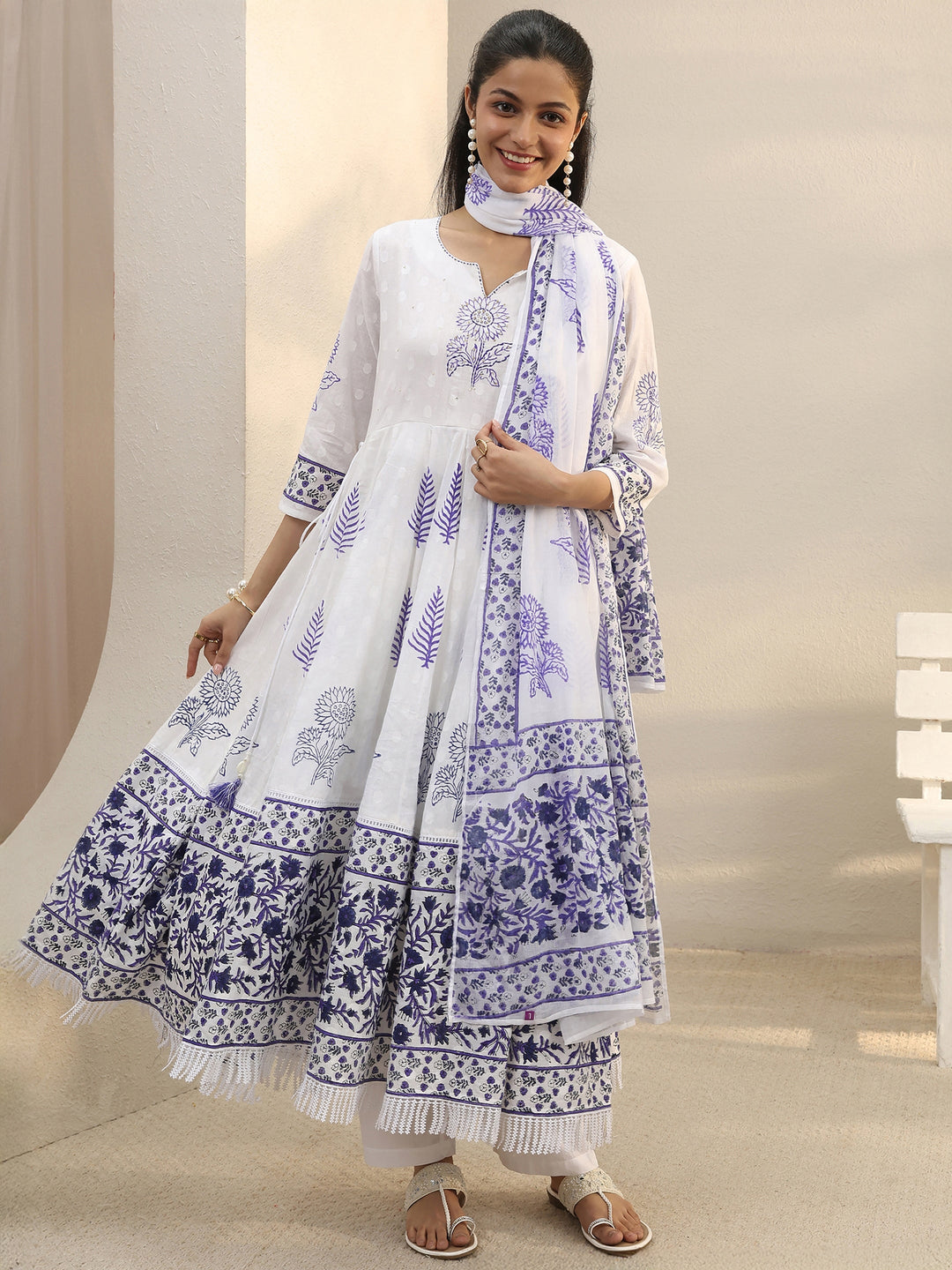 White Floral Printed Cotton Anarkali Suit Set