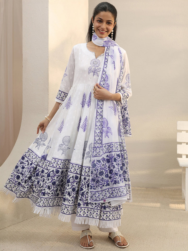 White Floral Printed Cotton Anarkali Suit Set