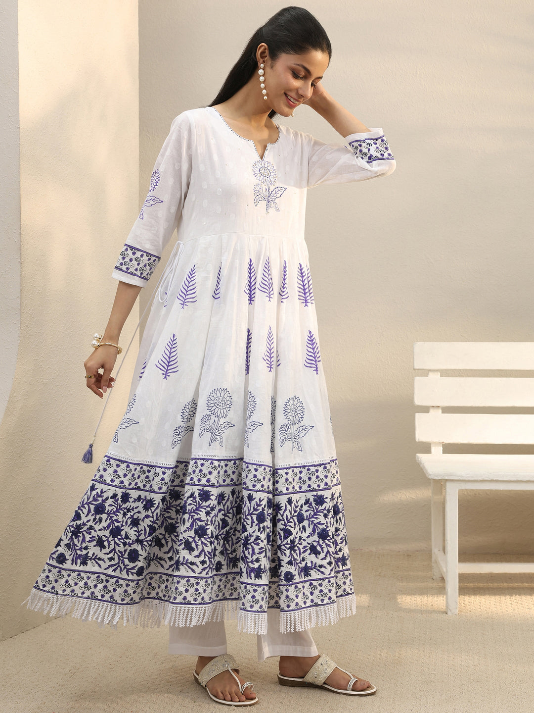 White Floral Printed Cotton Anarkali Suit Set