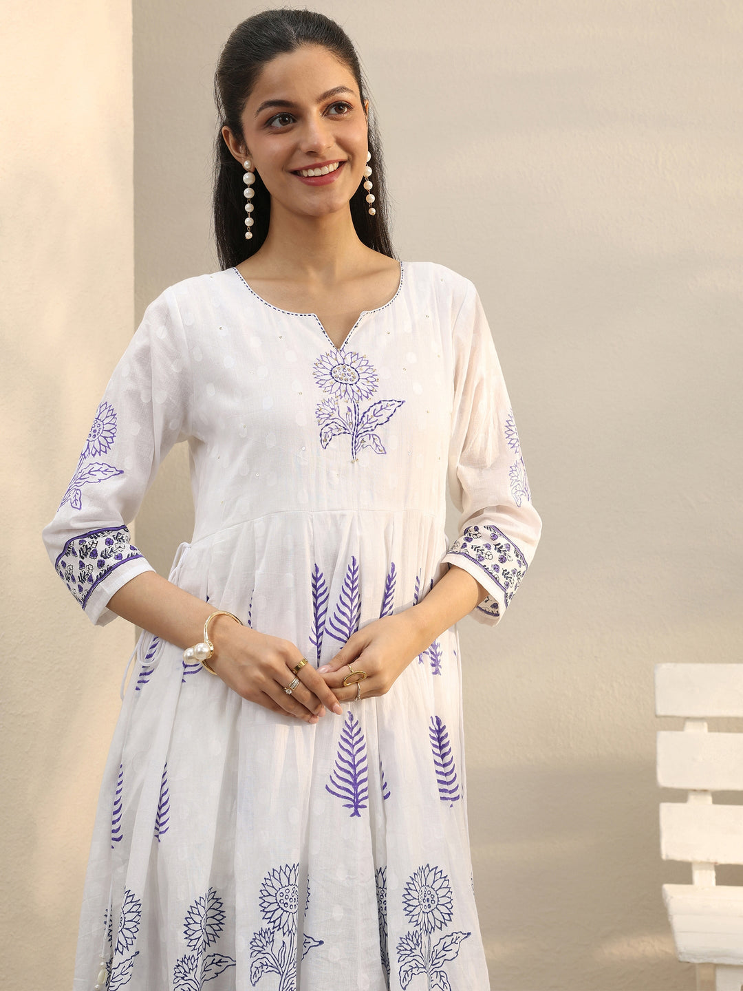 White Floral Printed Cotton Anarkali Suit Set