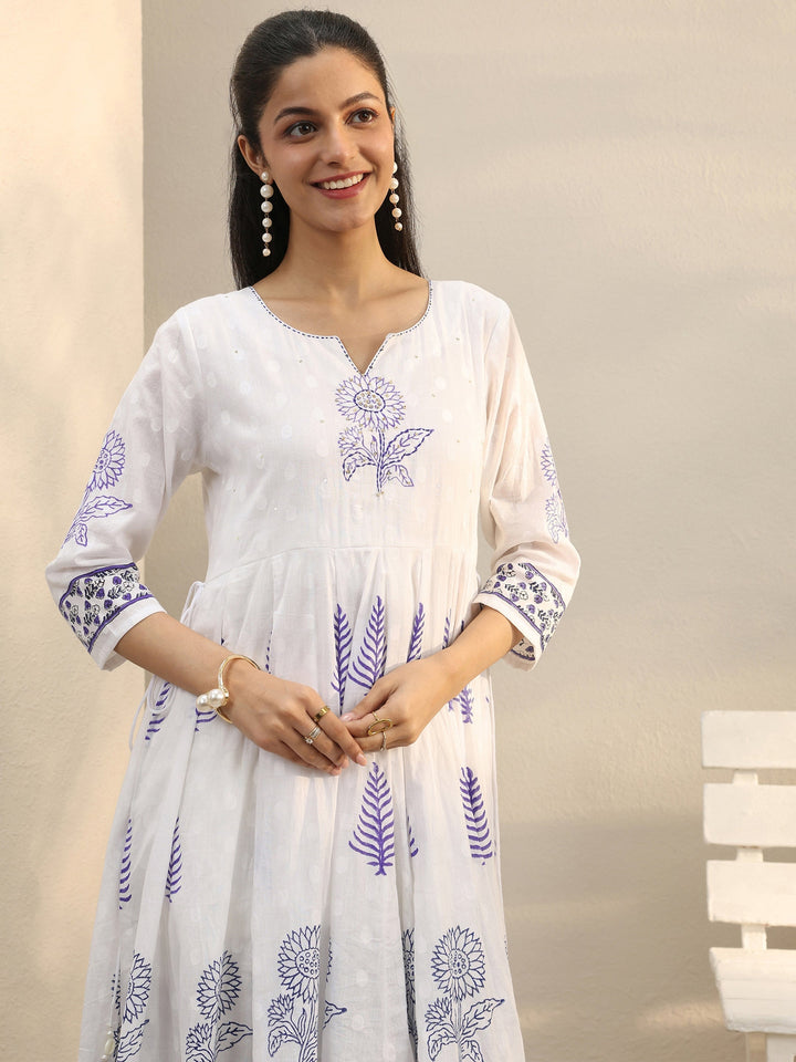 White Floral Printed Cotton Anarkali Suit Set