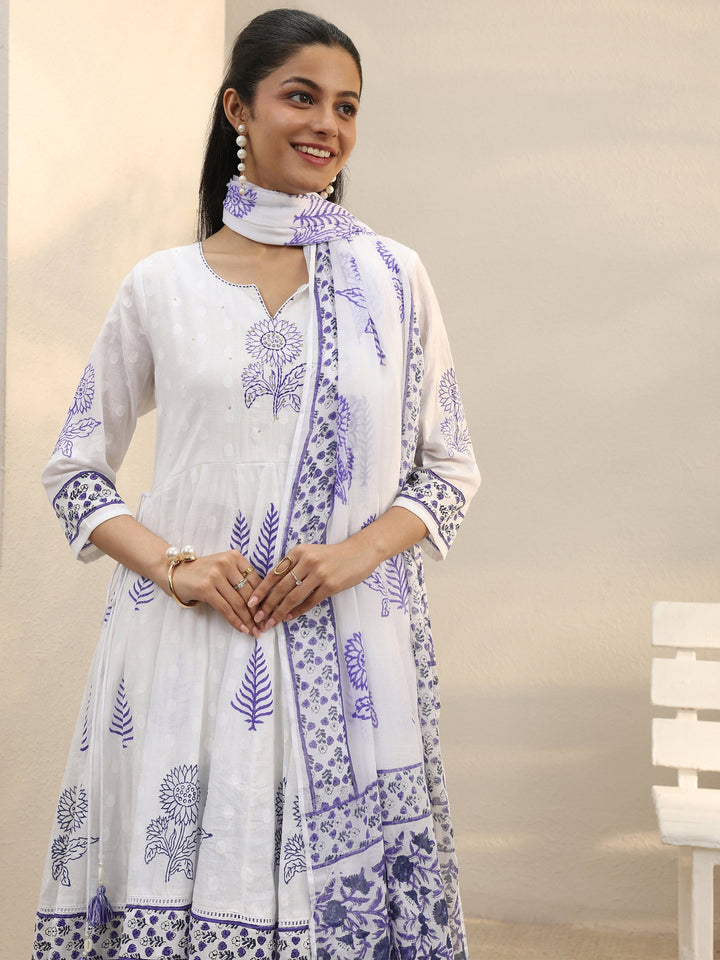 White Floral Printed Cotton Anarkali Suit Set