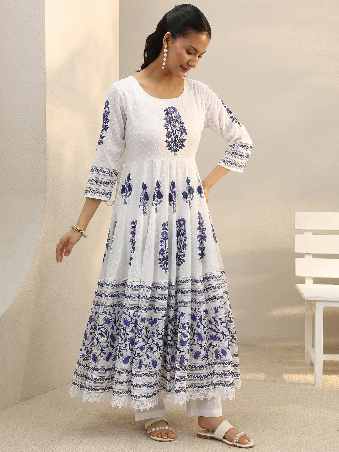 White Floral Printed Cotton Anarkali Suit Set