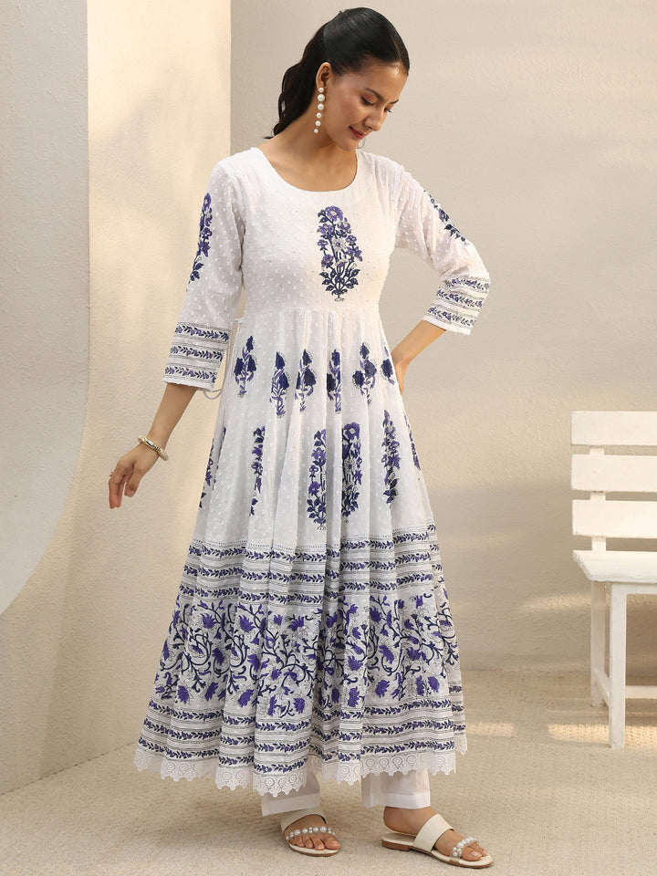 White Floral Printed Cotton Anarkali Suit Set