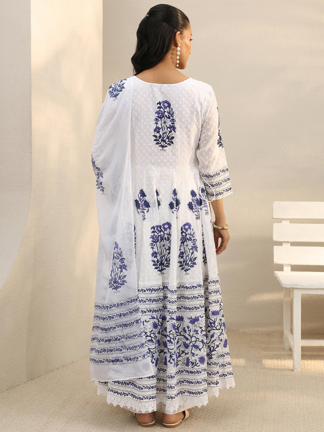 White Floral Printed Cotton Anarkali Suit Set