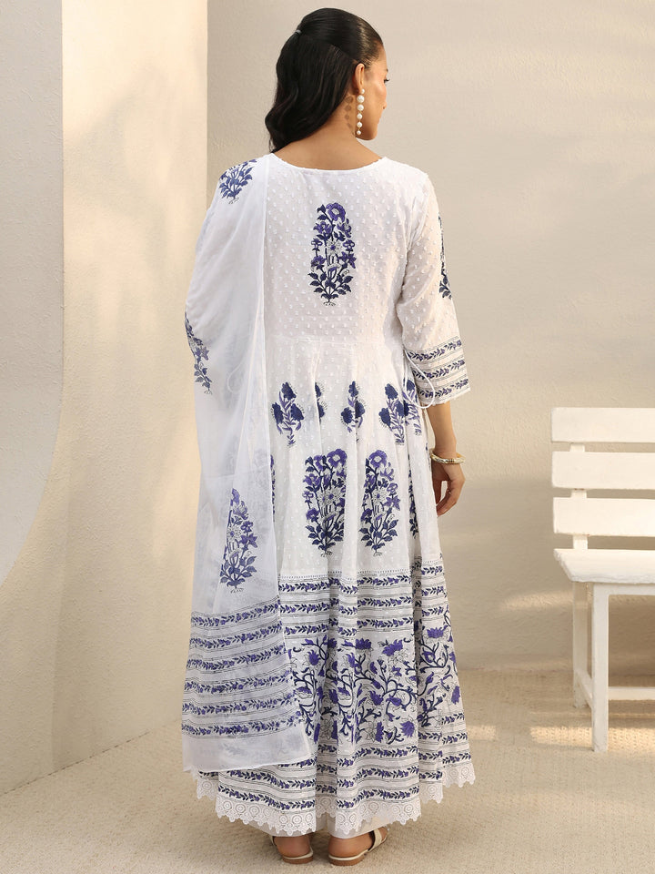 White Floral Printed Cotton Anarkali Suit Set