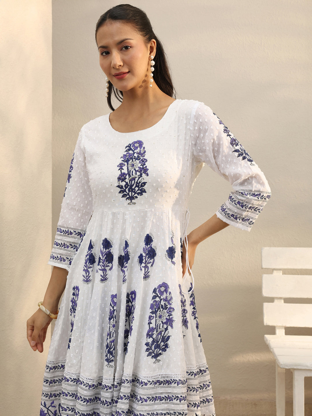 White Floral Printed Cotton Anarkali Suit Set