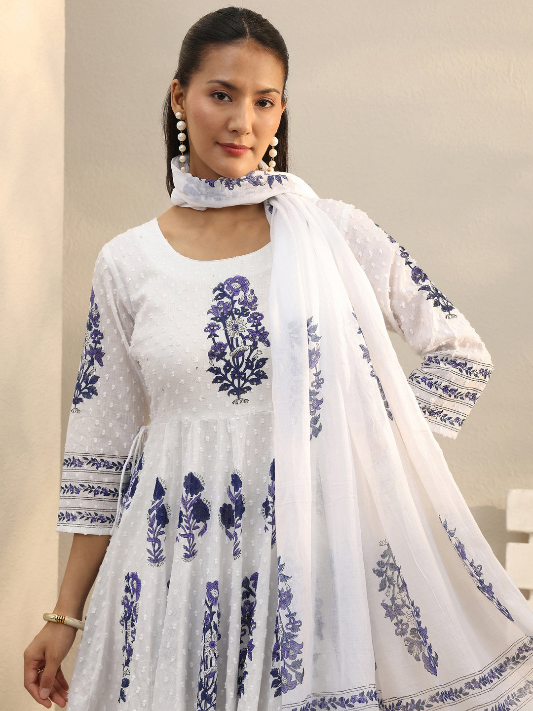 White Floral Printed Cotton Anarkali Suit Set