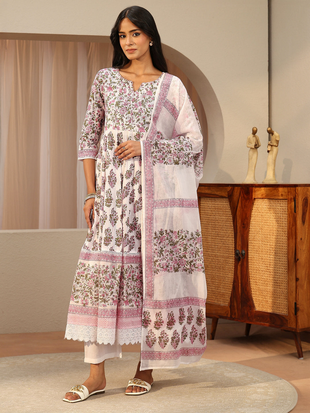 White Floral Printed Cotton Anarkali Suit Set