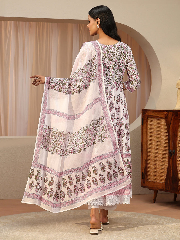 White Floral Printed Cotton Anarkali Suit Set