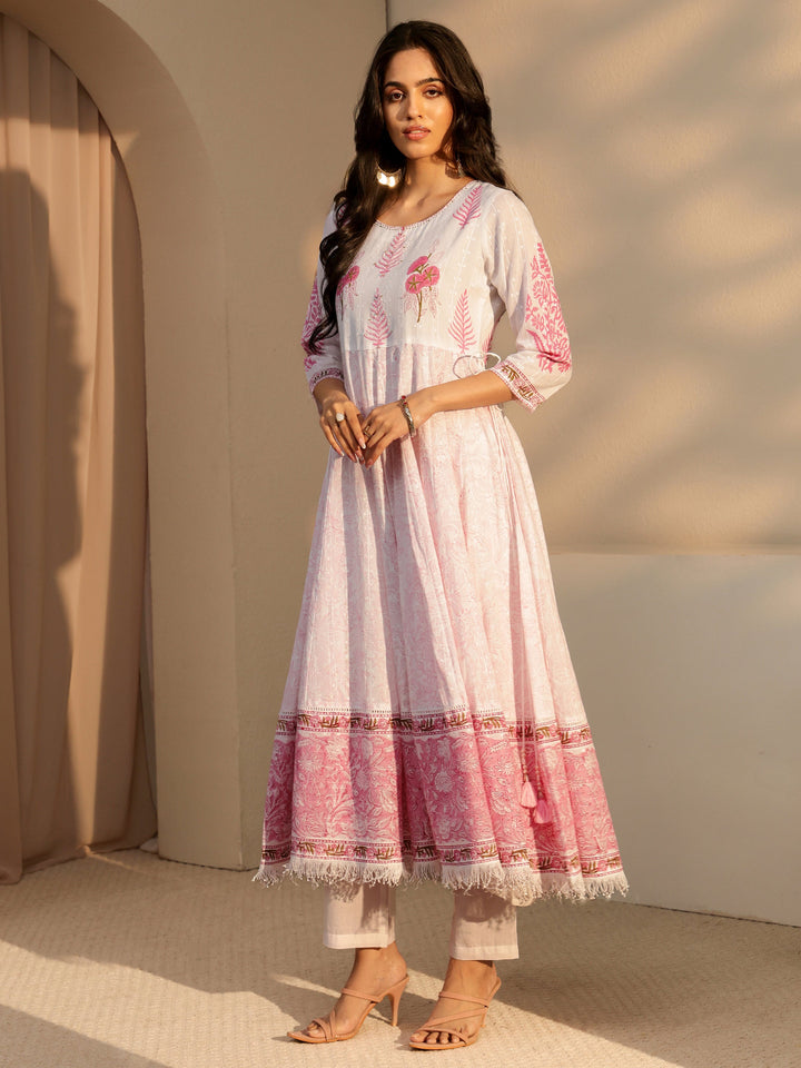 Libas White Floral Printed Cotton Anarkali Suit Set