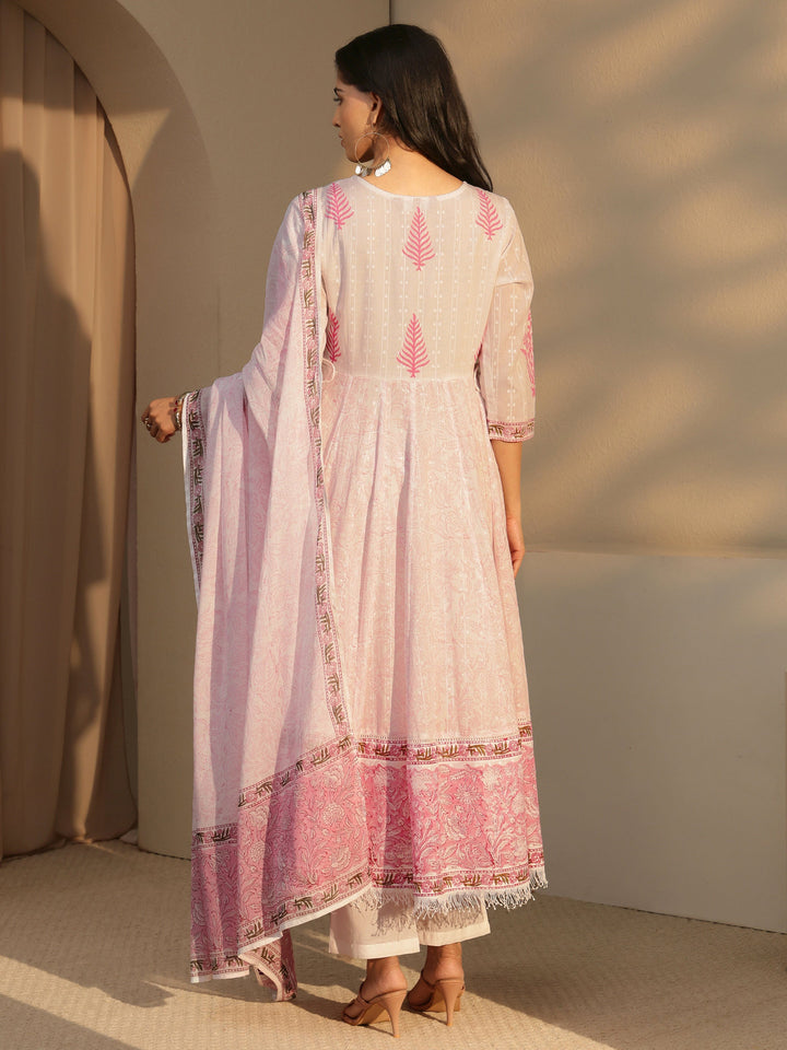 Libas White Floral Printed Cotton Anarkali Suit Set