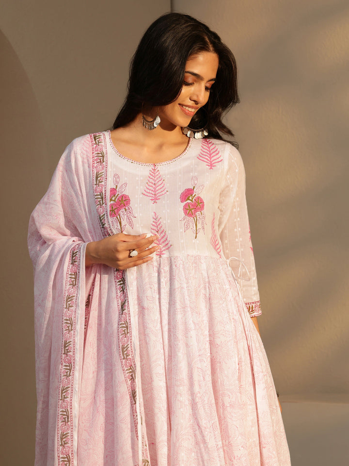 Libas White Floral Printed Cotton Anarkali Suit Set