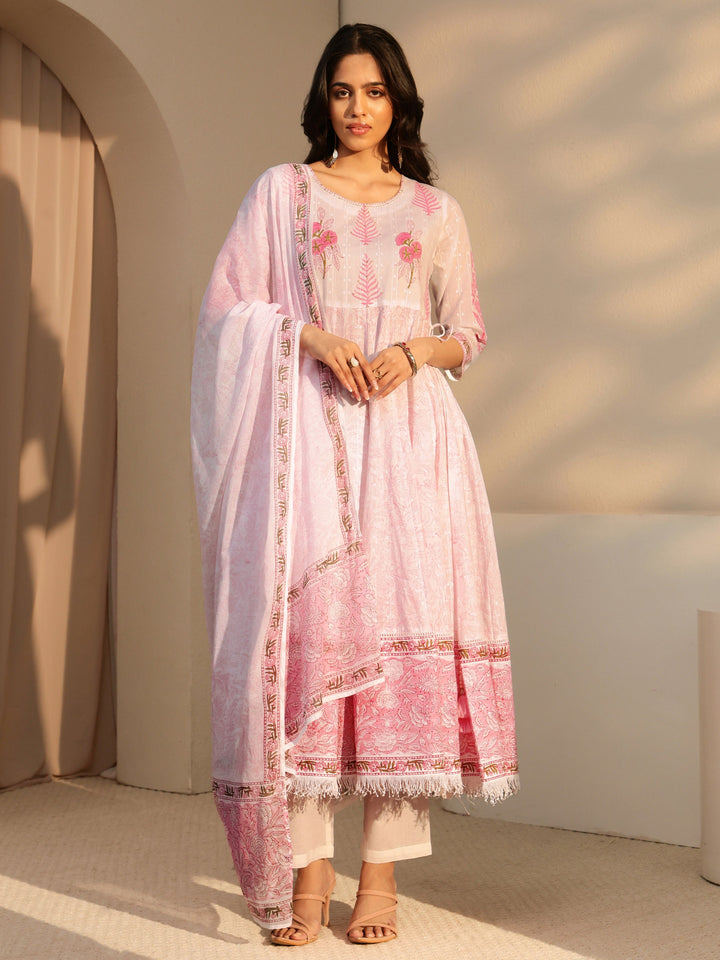Libas White Floral Printed Cotton Anarkali Suit Set