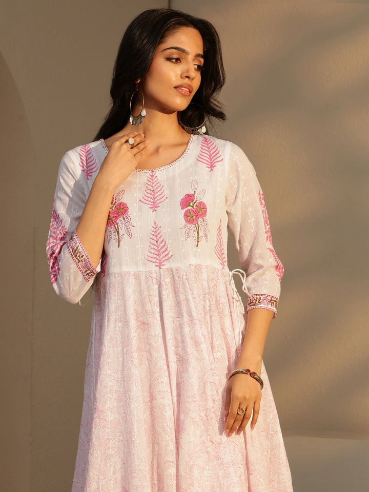 Libas White Floral Printed Cotton Anarkali Suit Set