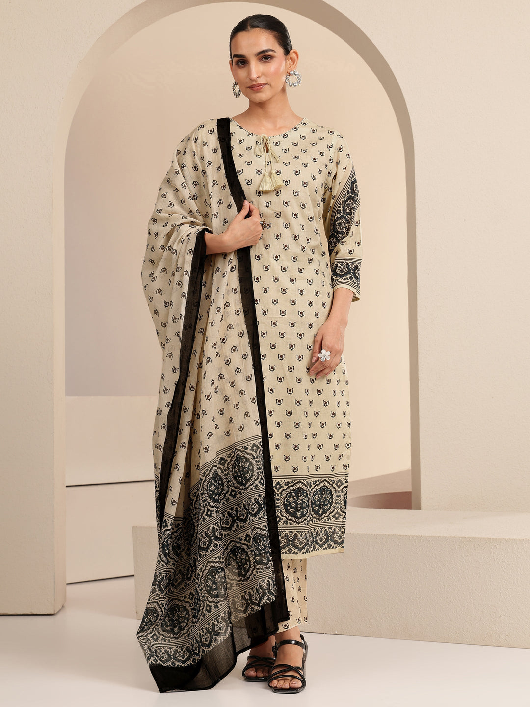 Libas Cream Ethnic Printed Cotton Straight Suit Set