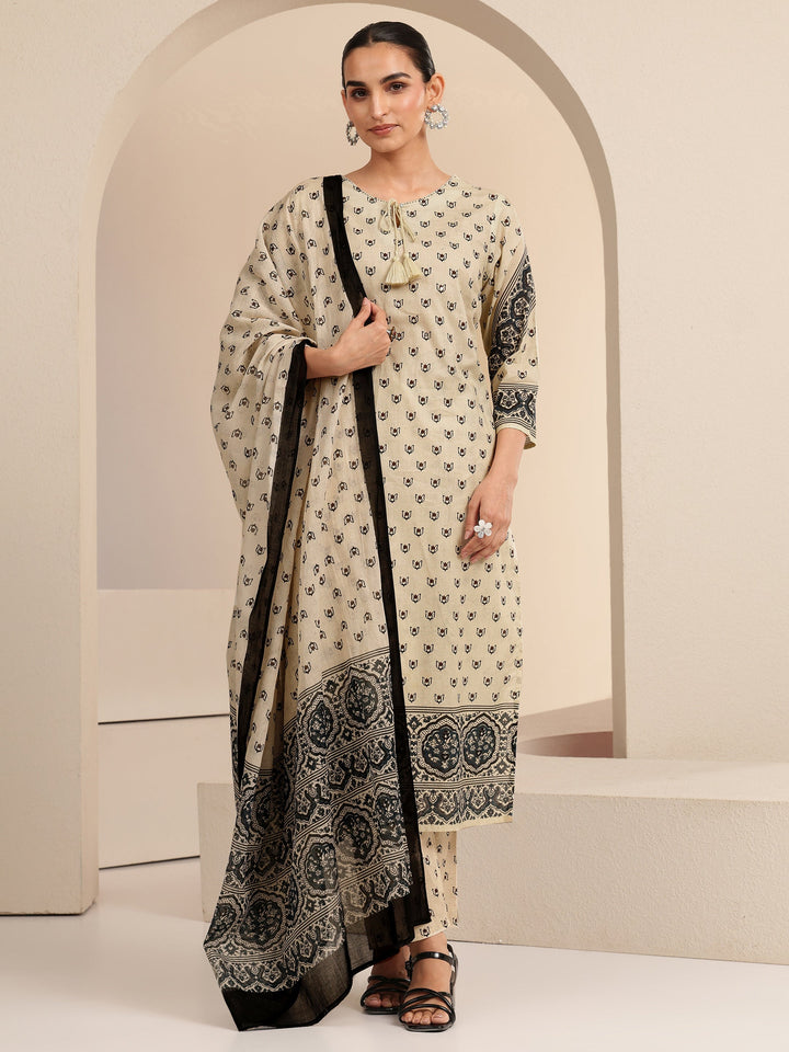 Libas Cream Ethnic Printed Cotton Straight Suit Set