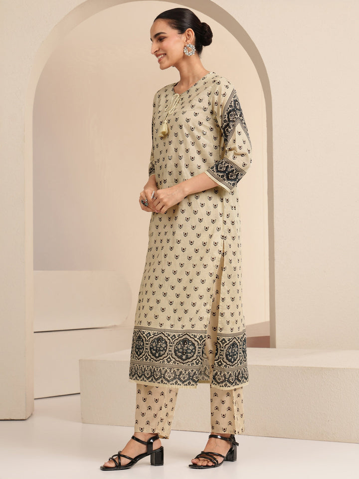 Libas Cream Ethnic Printed Cotton Straight Suit Set