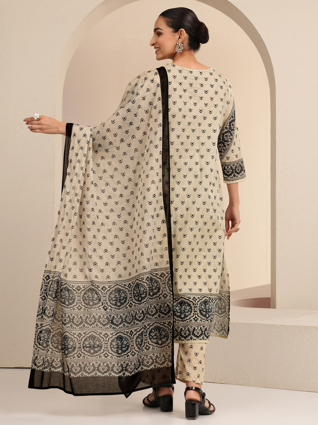 Libas Cream Ethnic Printed Cotton Straight Suit Set