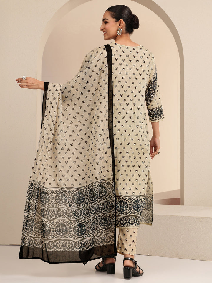 Libas Cream Ethnic Printed Cotton Straight Suit Set