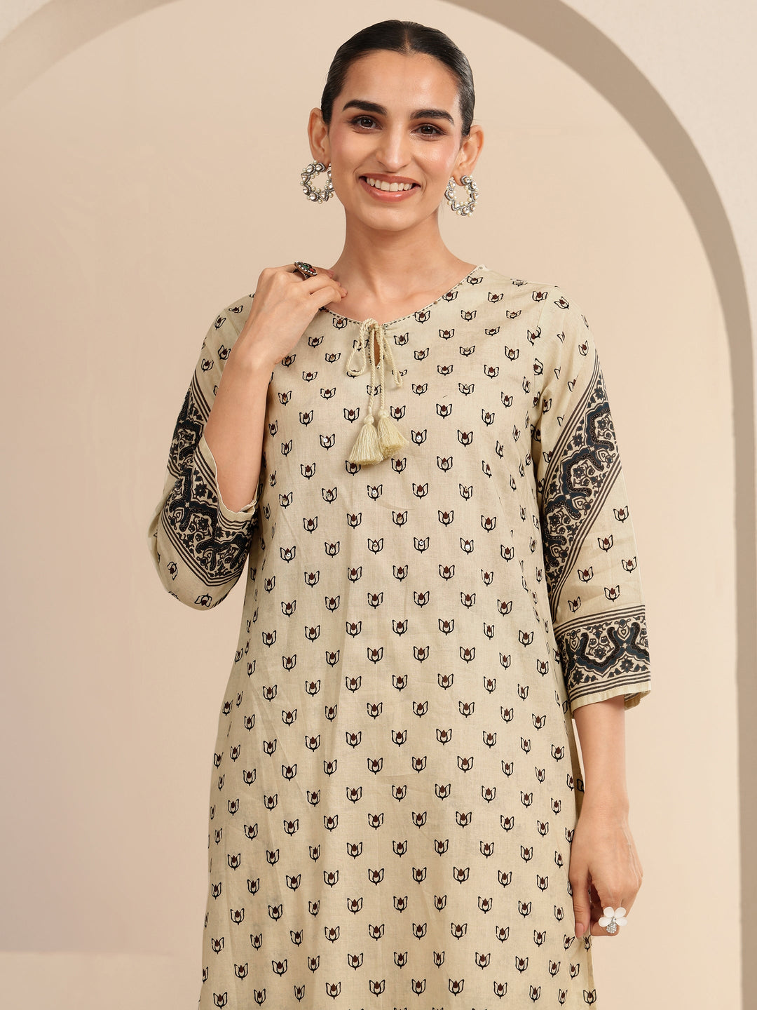 Libas Cream Ethnic Printed Cotton Straight Suit Set