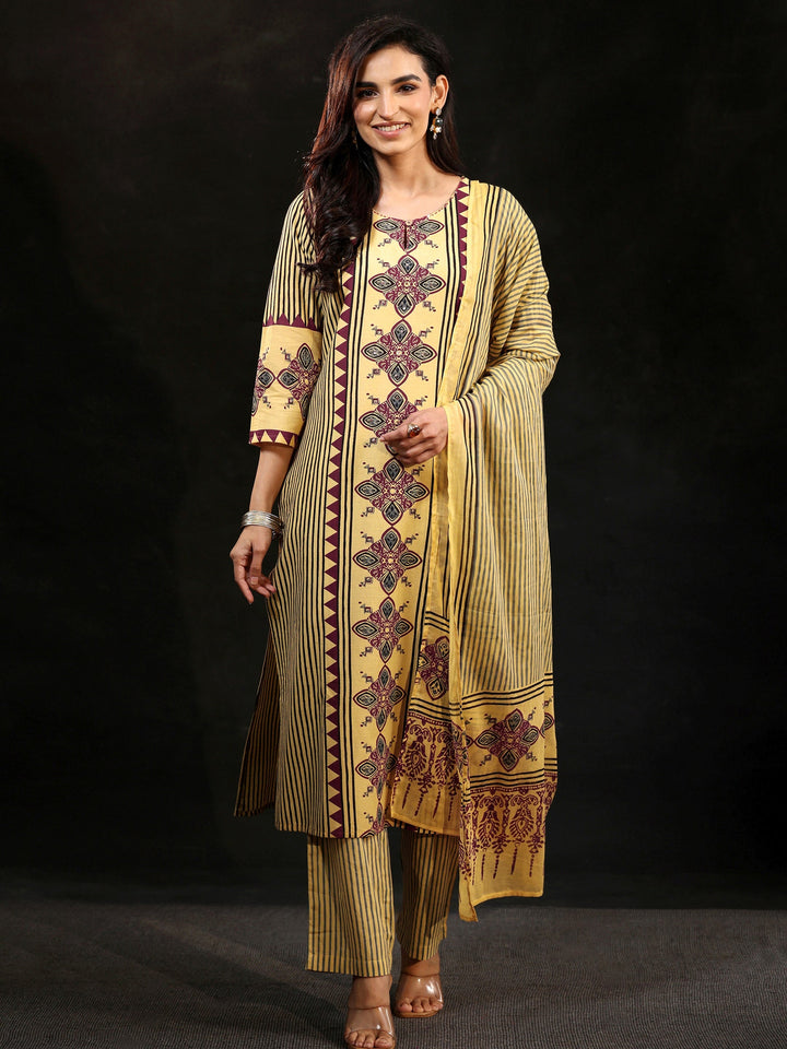 Libas Yellow Ajrakh Printed Cotton Straight Suit Set