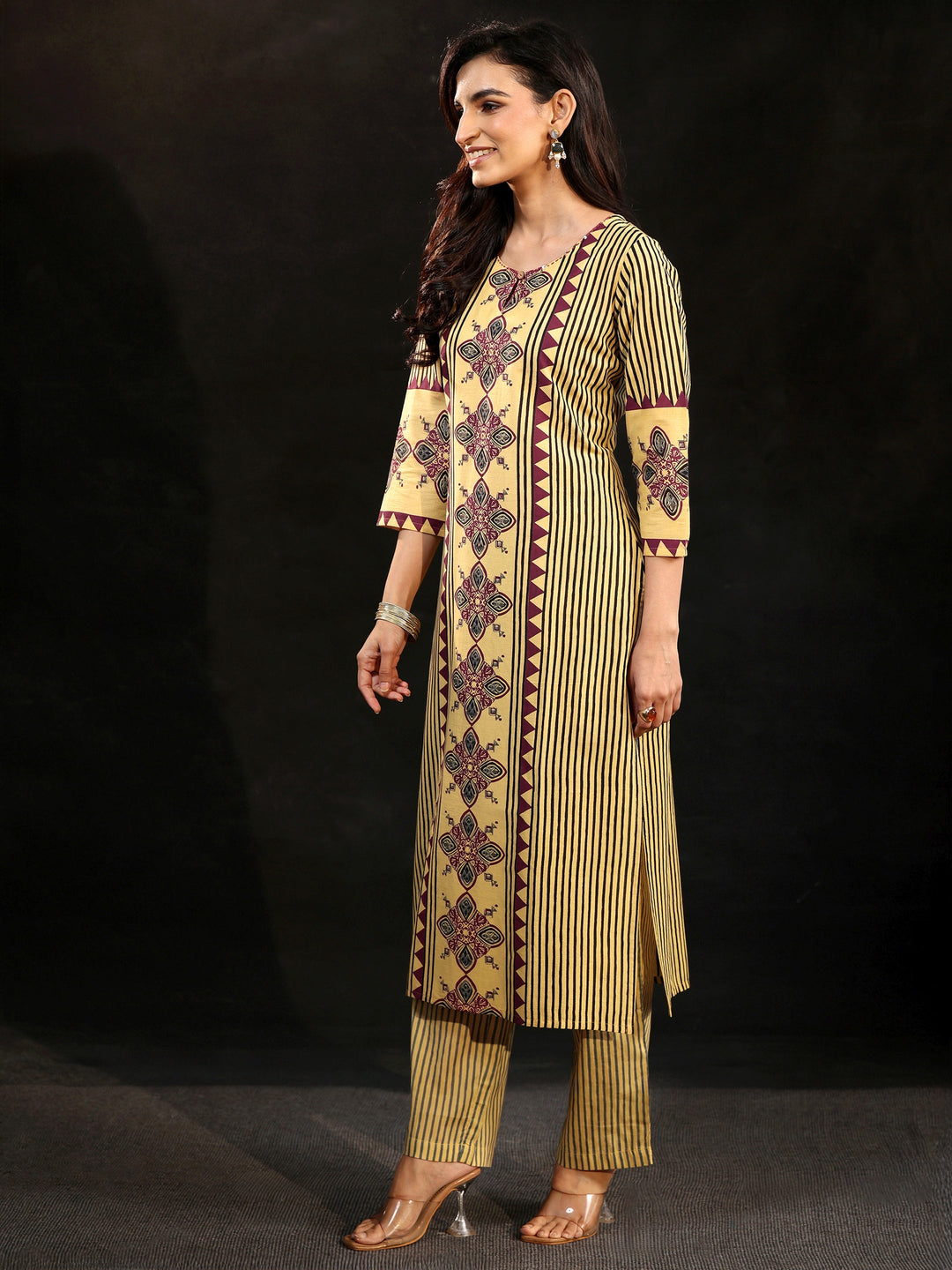 Libas Yellow Ajrakh Printed Cotton Straight Suit Set