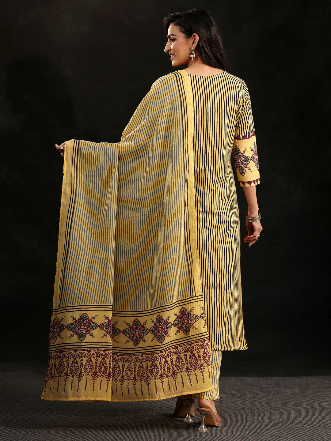 Libas Yellow Ajrakh Printed Cotton Straight Suit Set