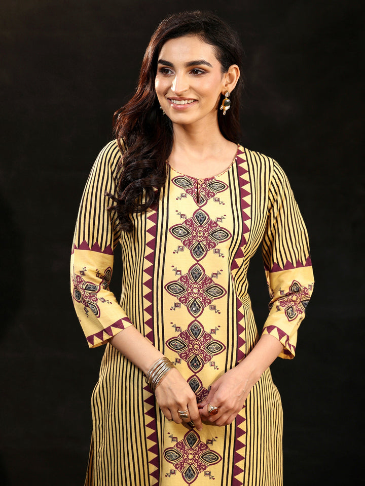 Libas Yellow Ajrakh Printed Cotton Straight Suit Set
