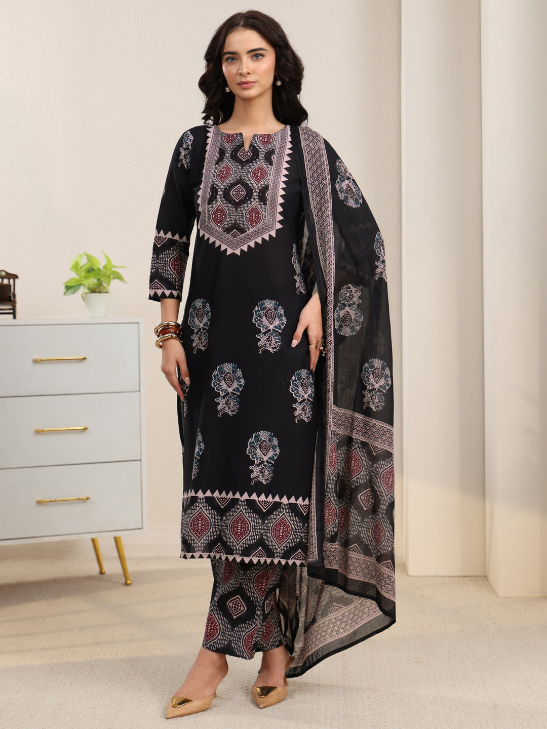Libas Black Ajrakh Cotton Straight Suit Set