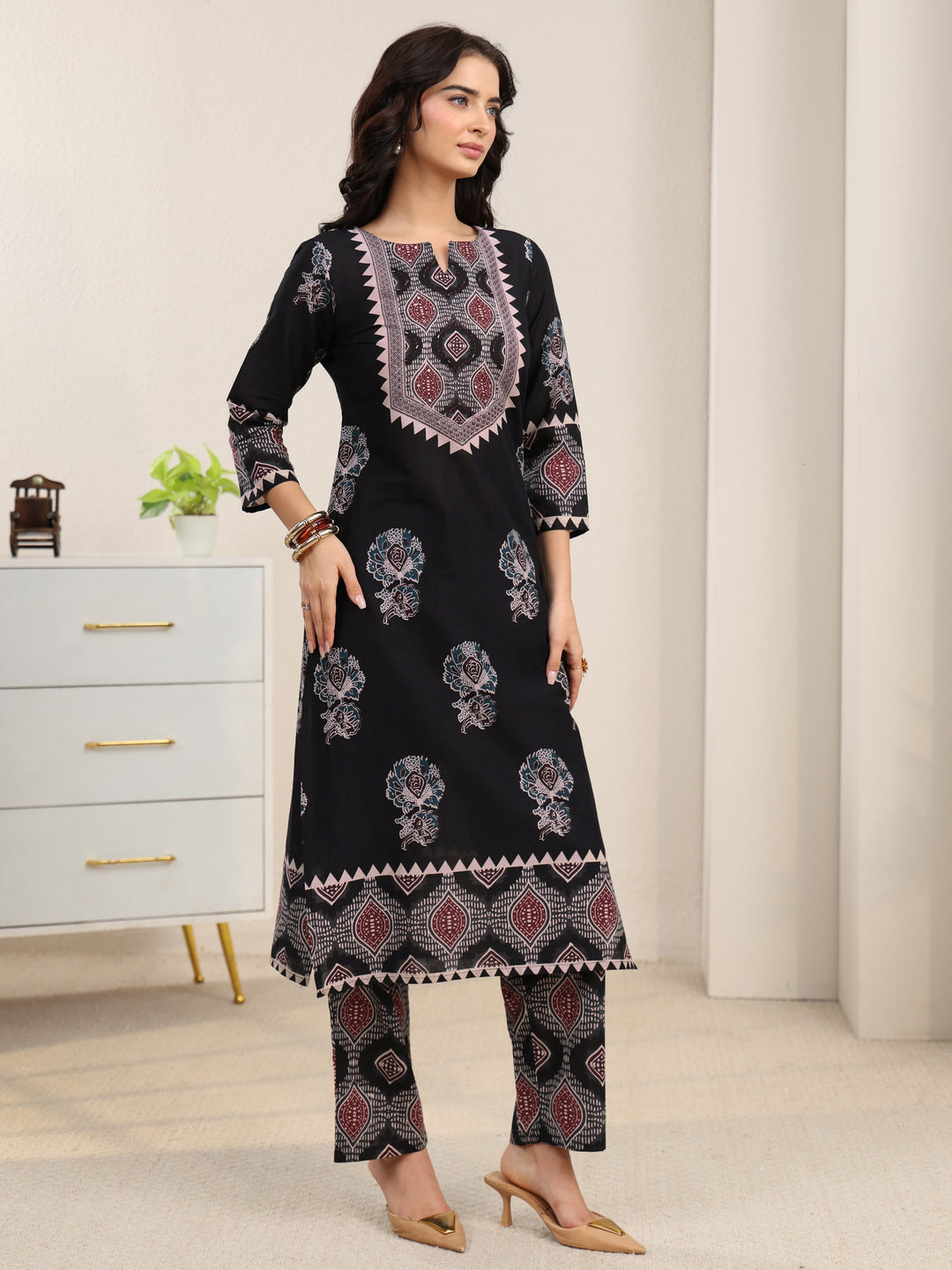Libas Black Ajrakh Cotton Straight Suit Set