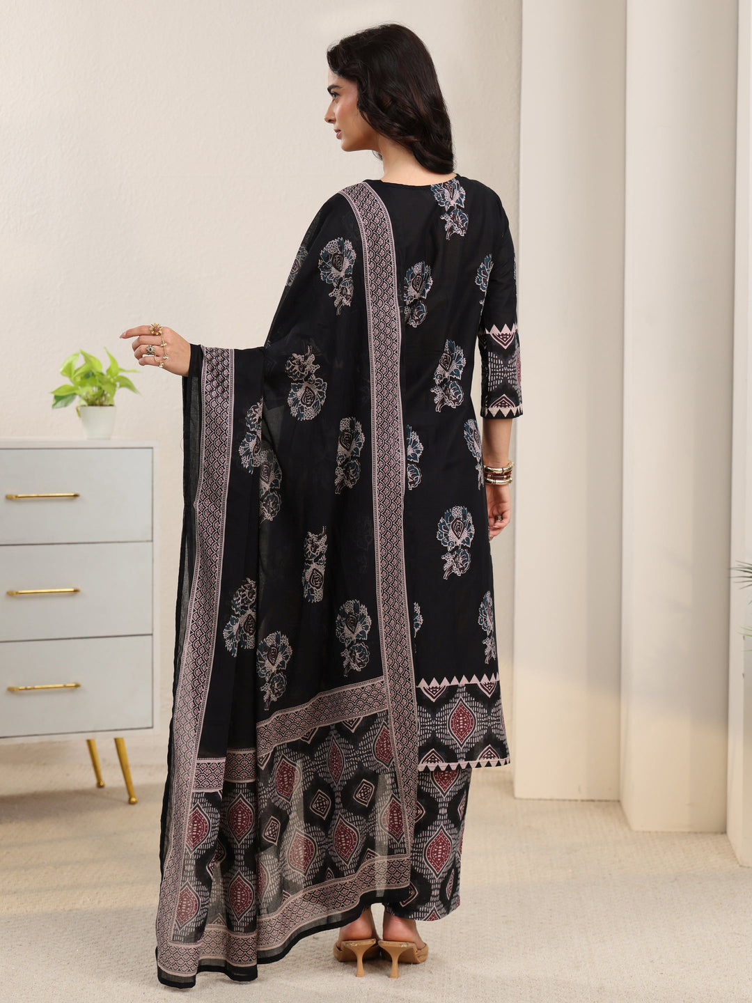 Libas Black Ajrakh Cotton Straight Suit Set
