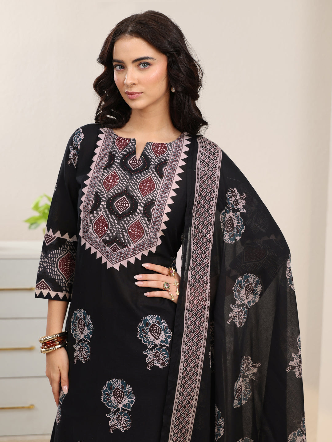 Libas Black Ajrakh Cotton Straight Suit Set