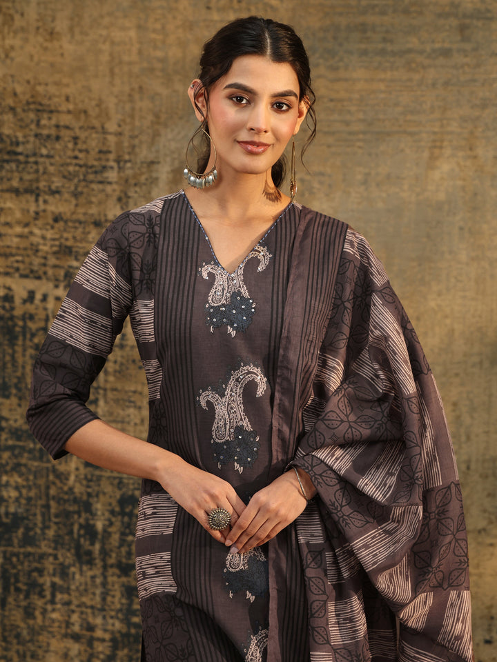 Libas Grey Ajrakh Printed Cotton Straight Suit Set