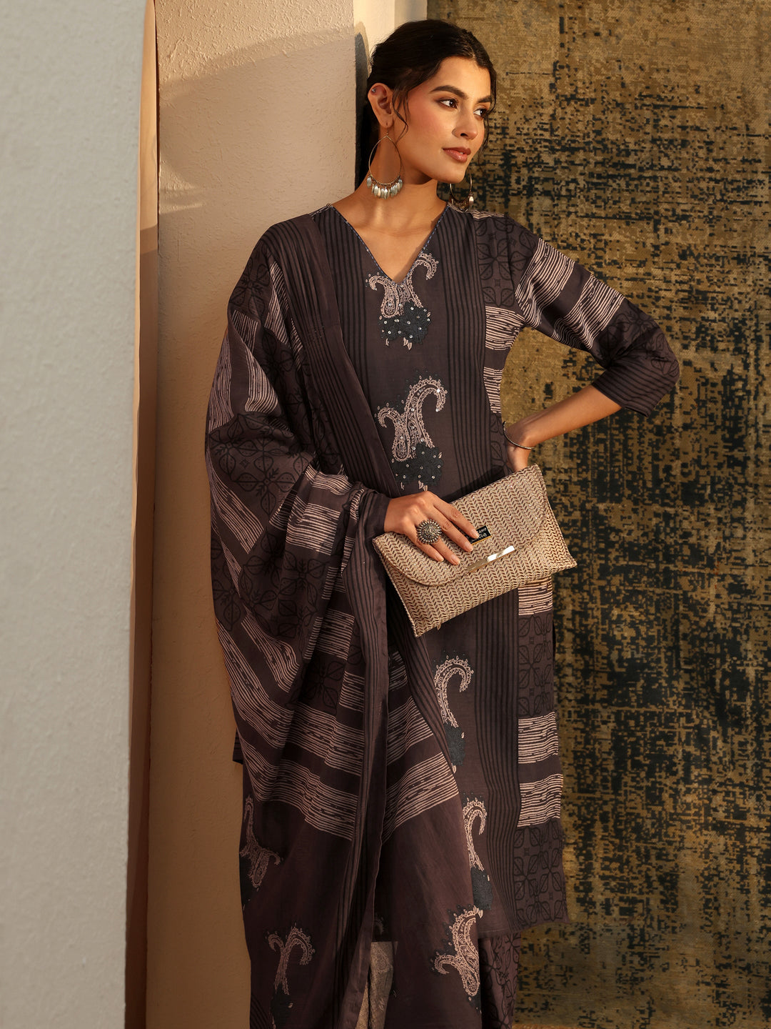 Libas Grey Ajrakh Printed Cotton Straight Suit Set