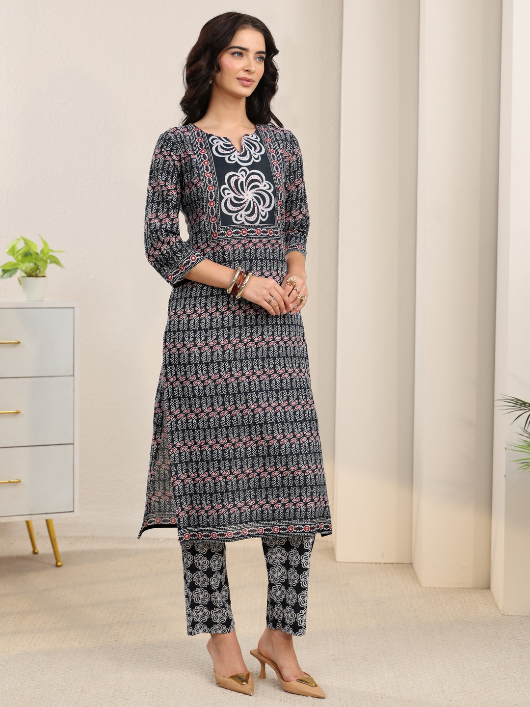 Libas Dark Grey Dabu Print Cotton Straight Suit Set