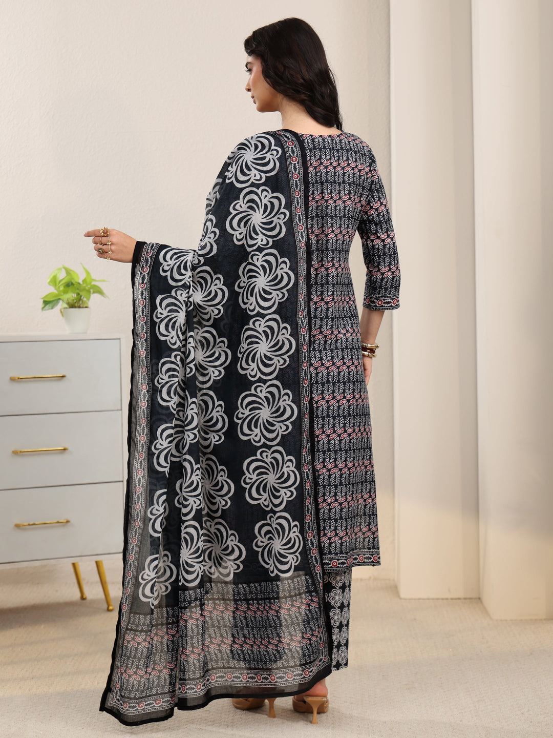 Libas Dark Grey Dabu Print Cotton Straight Suit Set