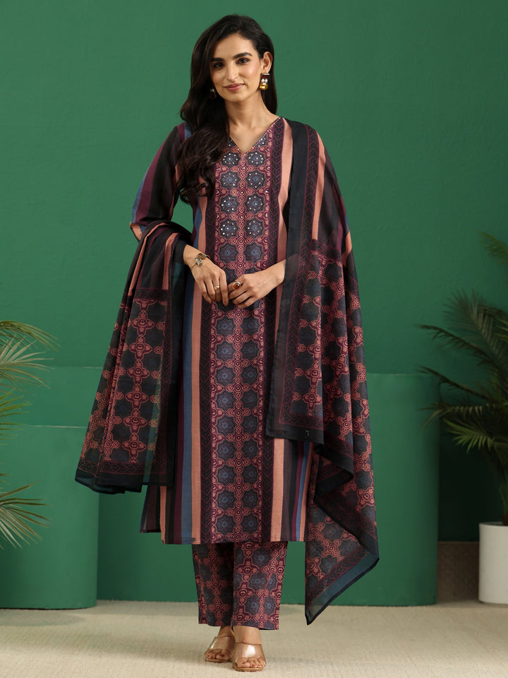 Libas Multi Colour Ajrakh Cotton Straight Suit Set