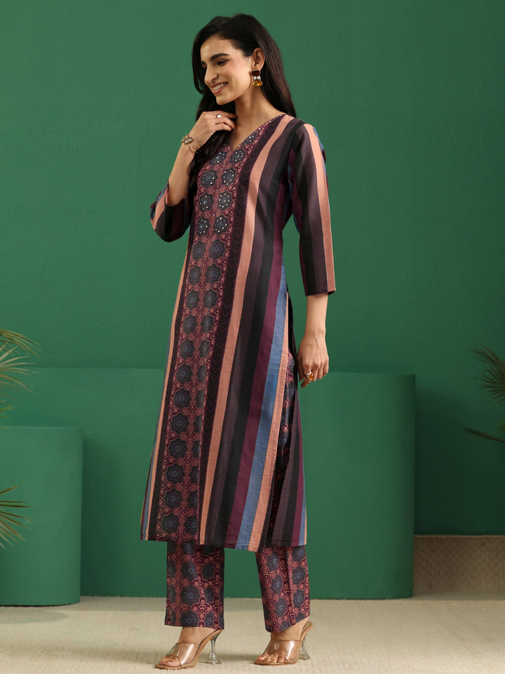 Libas Multi Colour Ajrakh Cotton Straight Suit Set
