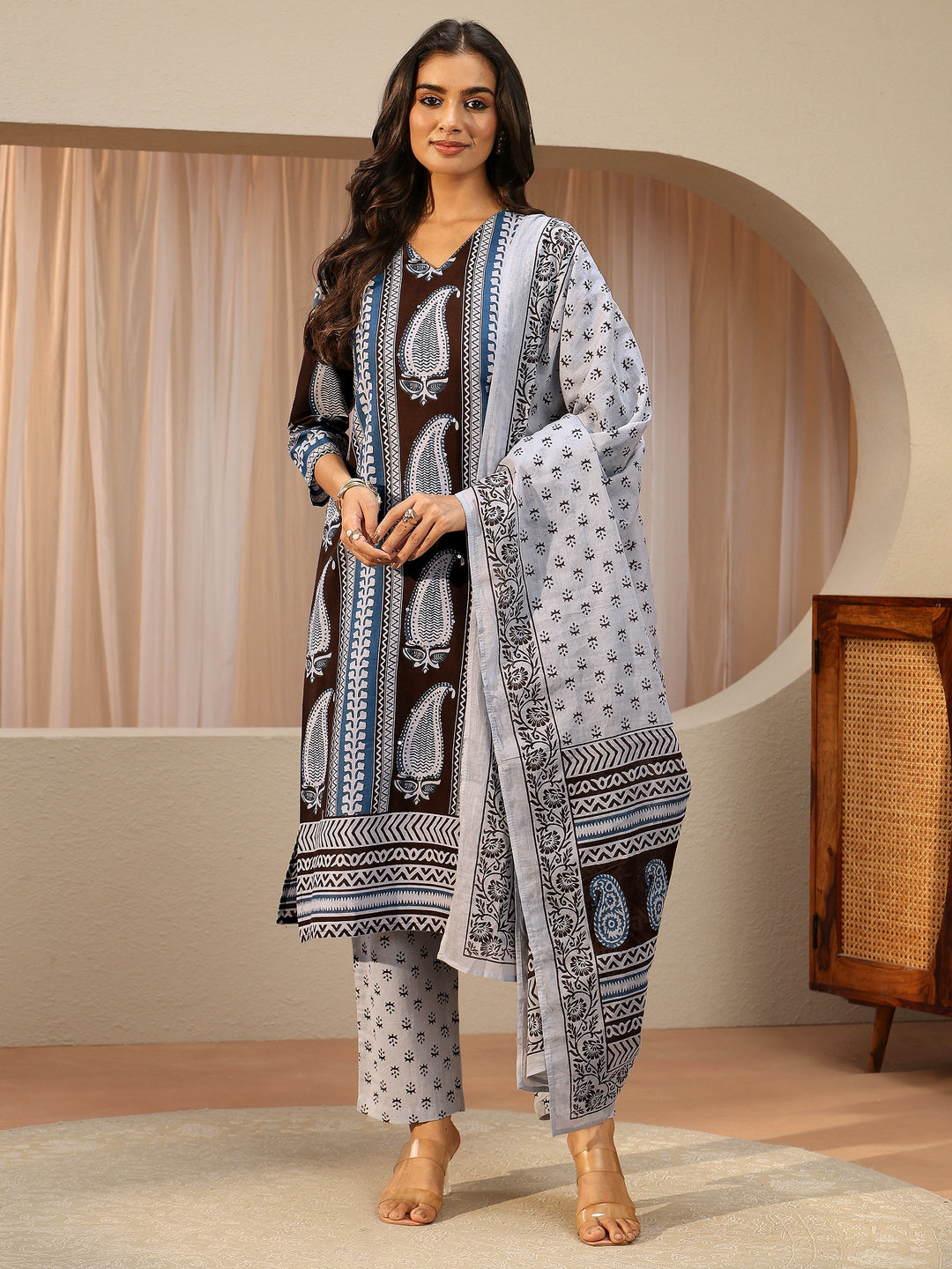 Brown Paisley Printed Cotton Straight Suit Set