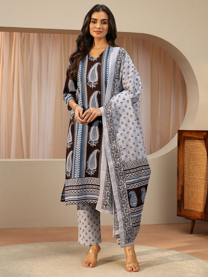 Brown Paisley Printed Cotton Straight Suit Set