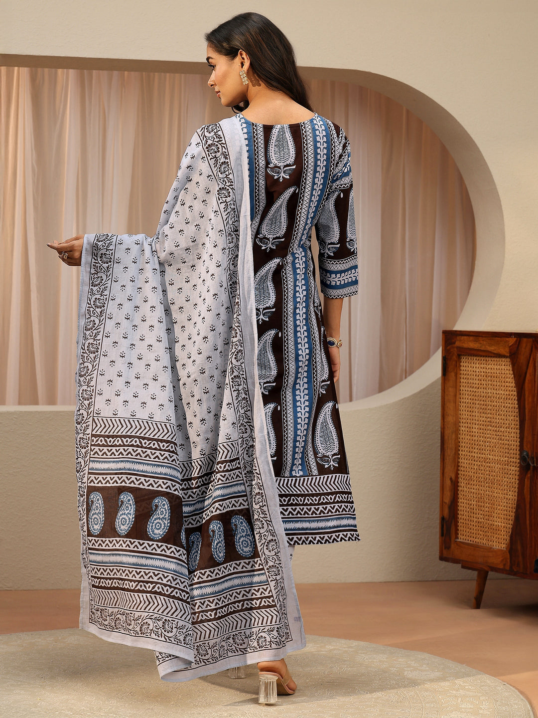 Brown Paisley Printed Cotton Straight Suit Set